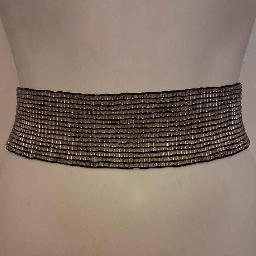 Vintage shiny GLASS BEADS on Black Elastic Strings Stretch Infinity Belt 28.5"